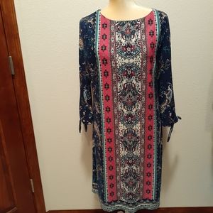 Chico's Medallion Navy Rose Sheath Dress with tied sleeves SZ 1 (Med 8)